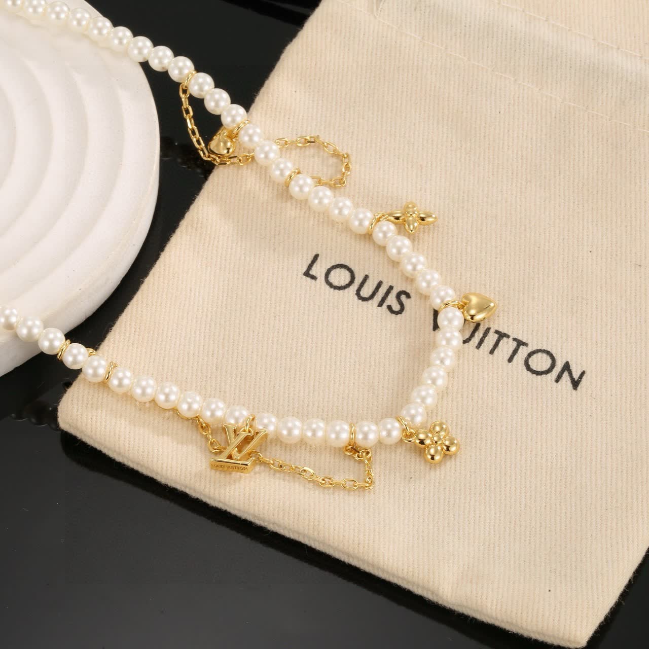 Louis Vuitton Pearl and Gold Charm Necklace